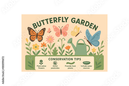 Flat vector banner for BUTTERFLY GARDEN butterflies flowers and watering can pastel garden palette curved headline conservation tips panel