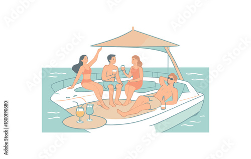 colored flat vector illustration of yacht party with sea drinks and people relaxing soft pastel blue tones low saturation isolated on white background