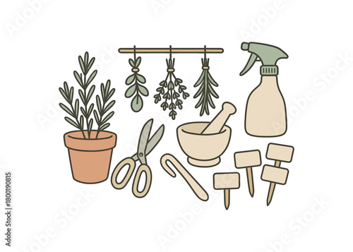 flat vector handdrawn soft palette clean outlines white background herb corner clay pot herb scissors mortar and pestle dryer rack label stakes spray mister no logos no gloss