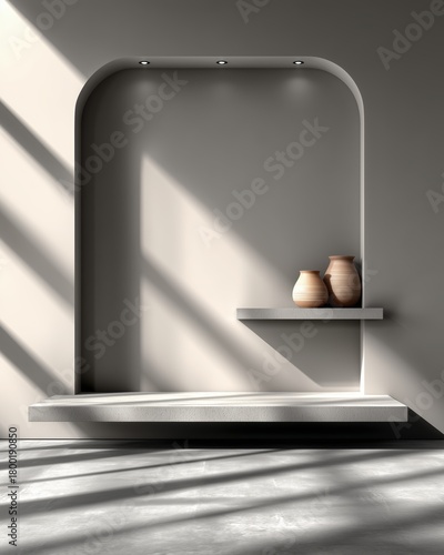 Minimal architectural arch with soft sunlight and sculptural shelves for luxury interior.
