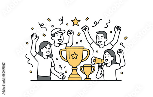 flat vector outline illustration of sports victory party with trophies confetti and people cheering modern line art low color count isolated on white background