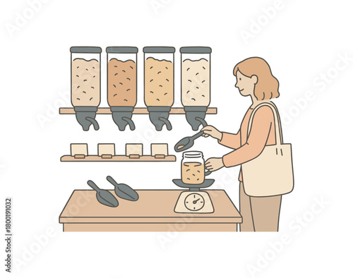 flat vector handdrawn soft palette clean outlines white background zero contain refill shop scene gravity tubes jar on scale scoops label cards blank tote no logos no gloss