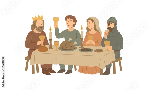 colored flat vector illustration of medieval feast party with table goblets and candles low saturation tones limited palette isolated on white background