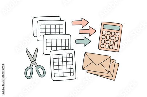 flat vector handdrawn soft palette clean outlines white background debt snowball payment tracker cards blank sticker arrows calculator scissors envelope stack no logos no gloss