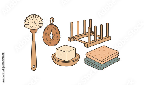 flat vector handdrawn soft palette clean outlines white background dishwashing swap wooden dish brush coconut scourer solid dish drying rack cloths no logos no gloss