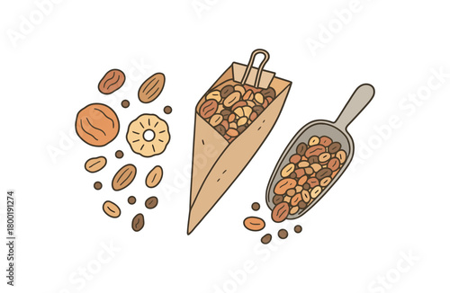 flat vector handdrawn soft palette clean outlines white background zero contain naked snacks trail mix dried fruit paper cone clip scoop no logos no gloss