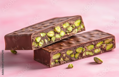 Delightful Chocolate Bars Filled With Crunchy Pistachios on a Pink Background