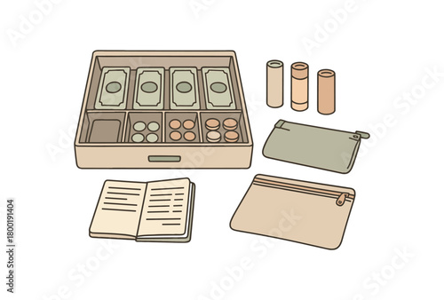 flat vector handdrawn soft palette clean outlines white background small business cash cash drawer money tray coin receipt book zipper bag no logos no gloss