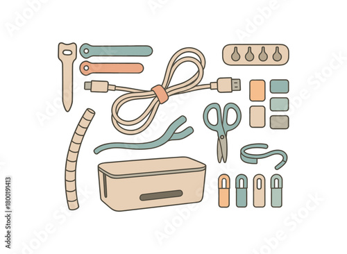 flat vector handdrawn soft palette clean outlines white background cable tidy cable box velcro ties clips sleeves labels small scissors no logos no gloss