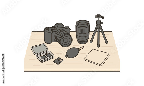 flat vector handdrawn soft palette clean outlines white background photo desk camera lens tripod sd card case blower lens cloth no logos no gloss