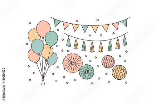 flat vector handdrawn soft palette clean outlines white background balloon decor pastel balloons tassel garland paper fans confetti honeycomb balls bunting no logos no gloss
