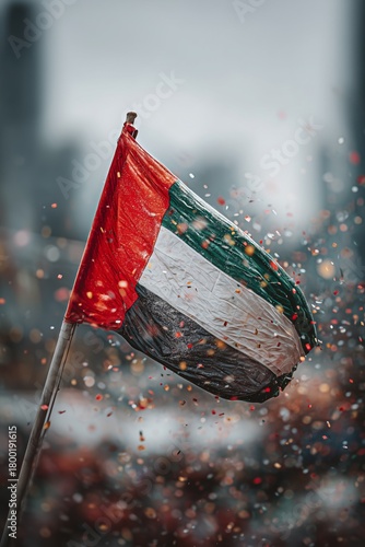 Flag of Sudan Waving Proudly Amidst Colorful Confetti in an Urban Setting