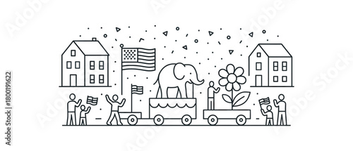 flat vector outline illustration of small town parade with floats flags and confetti modern minimal line style balanced composition isolated on white background