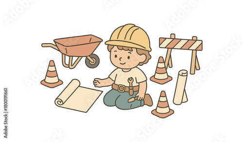 flat vector handdrawn soft palette clean outlines white background construction play hard hat safety cones barrier tool belt blueprint roll blank wheelbarrow no logos no gloss