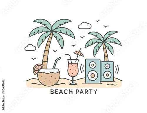 flat vector outline illustration of beach party with palm trees drinks and music speakers clean line art modern stock vector design gentle tones easy visual readability isolated on white