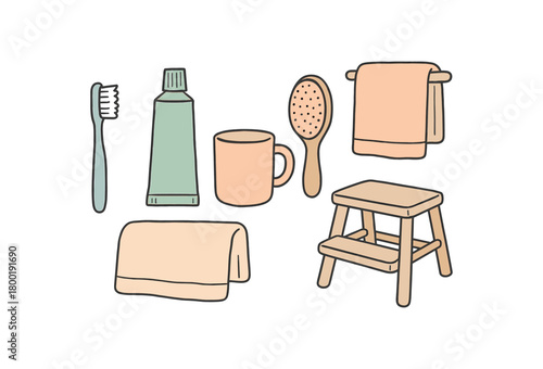 flat vector handdrawn soft palette clean outlines white background morning routine toothbrush toothpaste cup hairbrush face towel step stool no logos no gloss