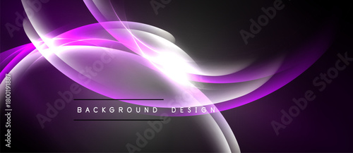 Abstract purple waves, bright light flares. Modern design elements create dynamic visual impact. Background features smooth curves, gradients.