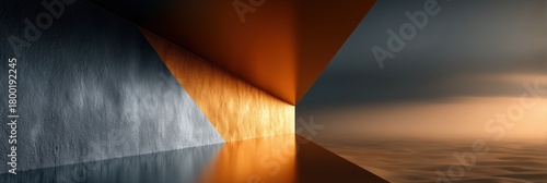 Warm geometric corridor with golden light reflections for architecture advertising.
