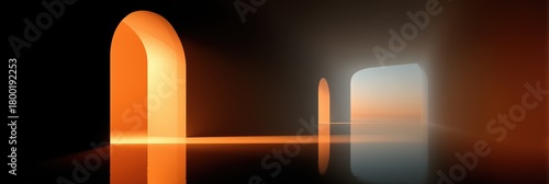 Minimal luminous archway glowing in warm golden light for architectural branding.
