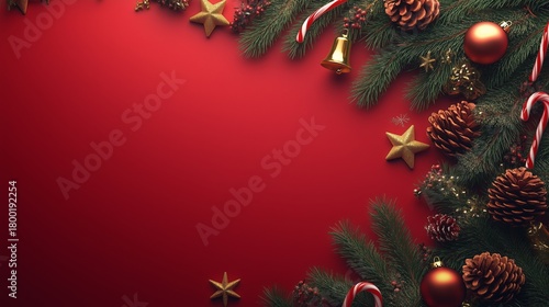 Festive Holiday Decorations With Pine Branches, Ornaments, and Candy Canes on...