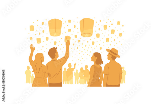 colored flat vector illustration of lantern festival party with floating lanterns and people watching soft golden tones low saturation isolated on white background