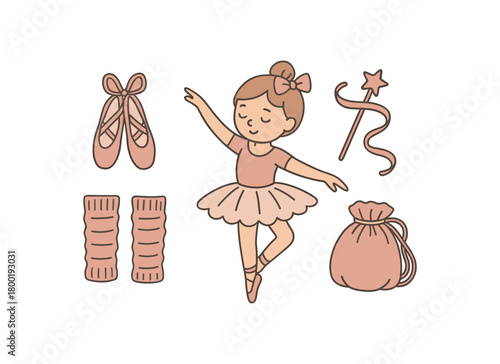 flat vector handdrawn soft palette clean outlines white background dance class ballet slippers tutu skirt ribbon wand leg warmers hair bow drawstring bag no logos no gloss