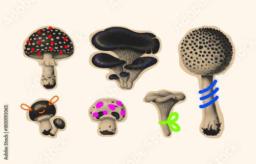 Distressed Halftone Mushroom Collection with Modern Elements