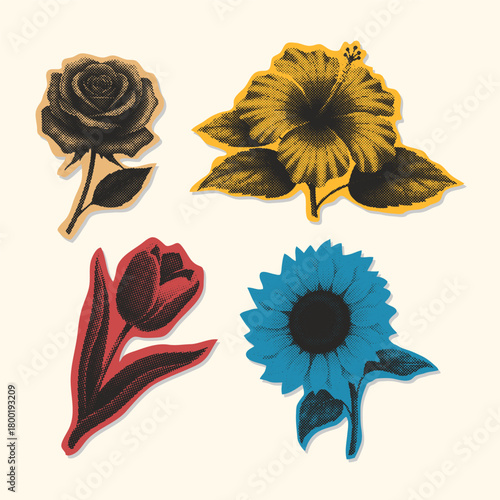Vintage Halftone Flower Engraving Collection