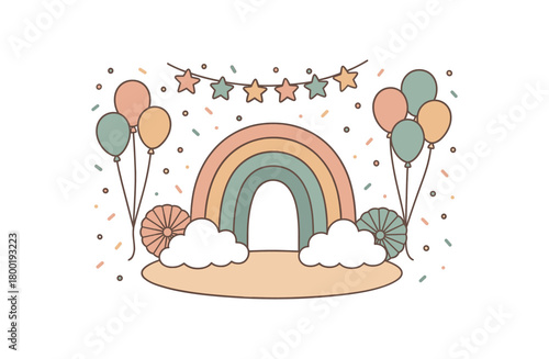 flat vector handdrawn soft palette clean outlines white background rainbow theme pastel arch balloons cloud cushions garland confetti paper fans floor mat no logos no gloss