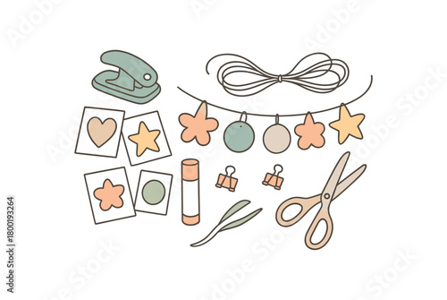 flat vector handdrawn soft palette clean outlines white background garland craft paper shapes hole punch string glue stick clips scissors no logos no gloss