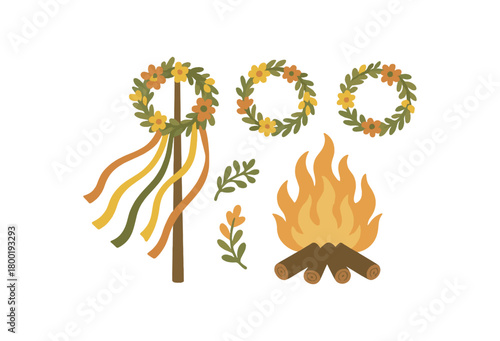 colored flat vector illustration of midsummer celebration with wreaths ribbons and bonfire muted warm palette isolated on white background