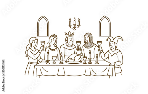flat vector outline illustration of medieval feast party with table goblets and candles elegant line art clean minimal detail isolated on white background