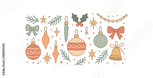 Cozy Christmas flat vector illustration collection of cute festive icons baubles with patterns teardrop ornaments glass icicles bows stars glitter dots holly leaves garland strings pine