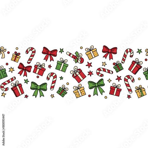 Festive Seamless Doodle Holiday Border Design Featuring Candy Canes, Gift Boxes, and Ribbon Bows Template.
