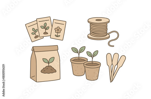 flat vector handdrawn soft palette clean outlines white background garden low waste seed envelopes paper twine spool compost bag reused pots plant labels no logos no gloss