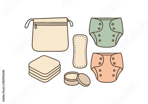 flat vector handdrawn soft palette clean outlines white background baby low waste cloth diapers wet bag reusable wipes liner balm tin no logos no gloss