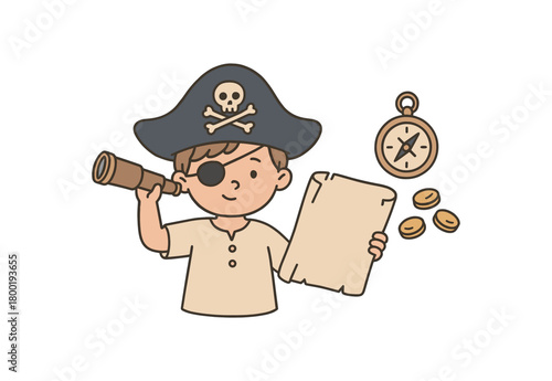flat vector handdrawn soft palette clean outlines white background pirate play hat eye patch telescope blank treasure map compass gold coins no logos no gloss
