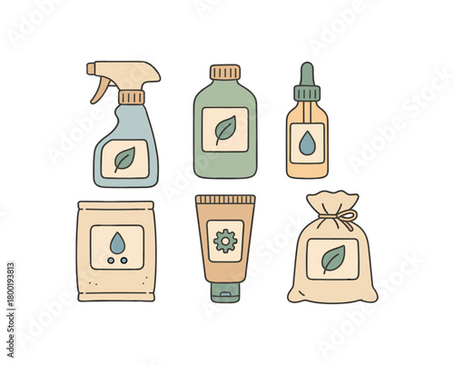 flat vector handdrawn soft palette clean outlines white background aquarium safe cleaning glass cleaner spray algae remover bottle water conditioner dropper filter media rinse sachets pump