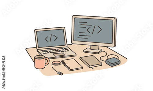 flat vector handdrawn soft palette clean outlines white background coding desk laptop monitor hub external drive notebook mug no logos no gloss