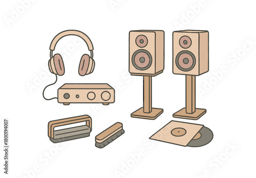 flat vector handdrawn soft palette clean outlines white background music corner headphones dac speaker pair stand record brush sleeve pack no logos no gloss