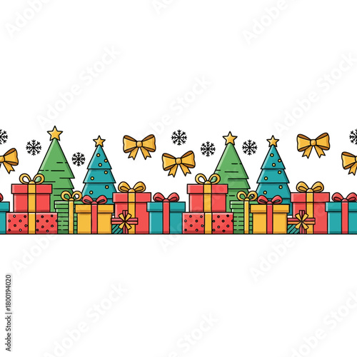 Seamless horizontal bottom border template pattern featuring stylized wrapped Christmas presents, abstract geometric tree shapes, and floating golden bows.