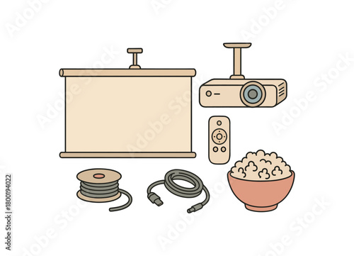 flat vector handdrawn soft palette clean outlines white background movie night projector screen ceiling mount remote cable spool popcorn bowl no logos no gloss