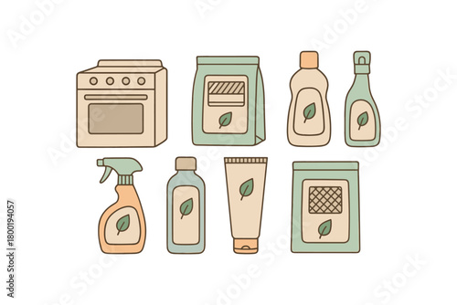 flat vector handdrawn soft palette clean outlines white background oven care rack cleaner bag gel cleaner bottle citrus degreaser spray scraper solution bottle guard polish tube filter