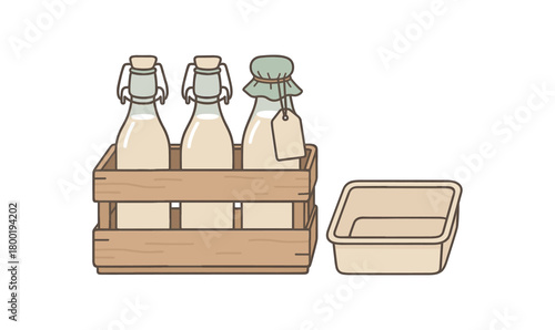 flat vector handdrawn soft palette clean outlines white background dairy returnable glass bottle crate swing top cloth cap cover tag blank cooler tray no logos no gloss