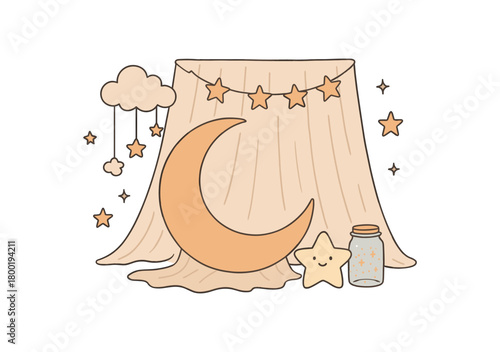 flat vector handdrawn soft palette clean outlines white background moon and stars crescent prop garland cloud mobile night light glitter jar fabric backdrop no logos no gloss