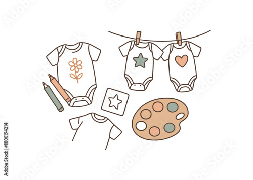 flat vector handdrawn soft palette clean outlines white background onesie decorating plain onesies fabric markers stencils clothespins drying line paint palette no logos no gloss