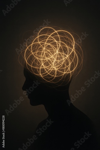 Silhouette head with glowing tangled lines symbolizing overthinking, anxiety, and brain activity—abstract mental health concept.