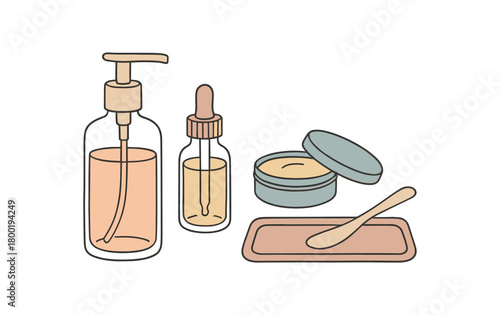 flat vector handdrawn soft palette clean outlines white background zero contain refill beauty glass pump dropper bottle balm tin spatula tray no logos no gloss