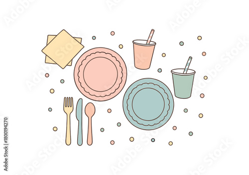 flat vector handdrawn soft palette clean outlines white background pastel tableware paper plates cups napkins straws cutlery confetti no logos no gloss