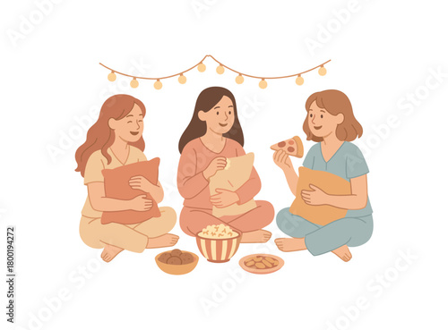 colored flat vector illustration of pajama party with pillows snacks and lights gentle tones low saturation isolated on white background